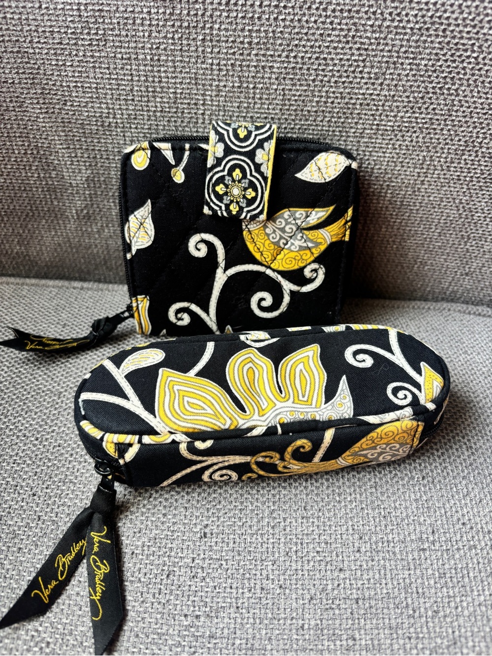 Black & Yellow Quilted Floral Wallet and Eyewear Case Set